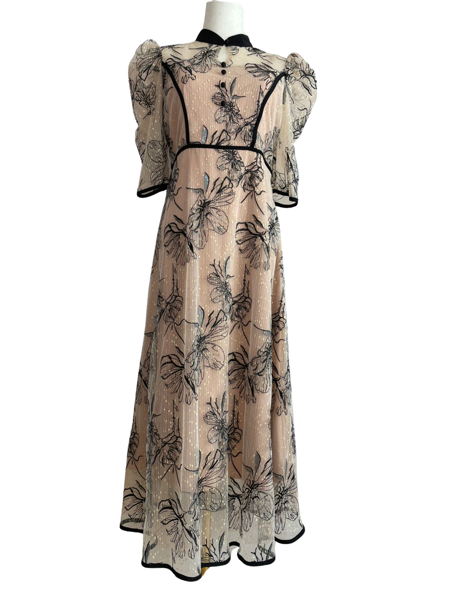 配色パイピングプチハイネック花柄刺繍ラメレースロング丈ドレス