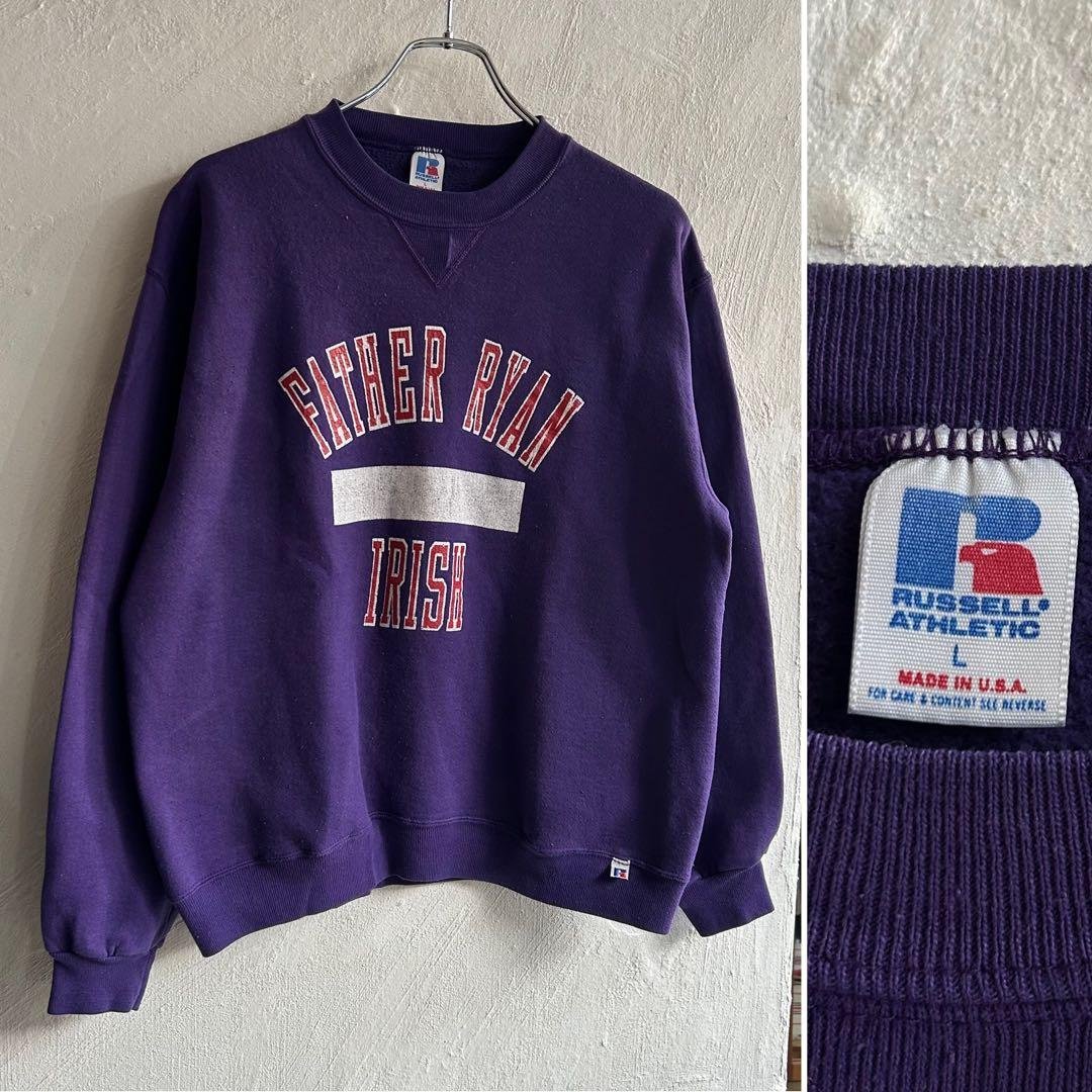 80S USA製 RUSSELL ATHLETIC プリントスウェット パープル 中古・古着通販】RUSSELL ATHLETIC (ラッセルアスレチック) 90sクルー