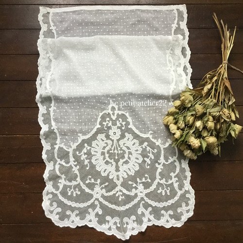 フランス アンティーク レース カーテン ローン＆チュール 刺繍 W 55cm