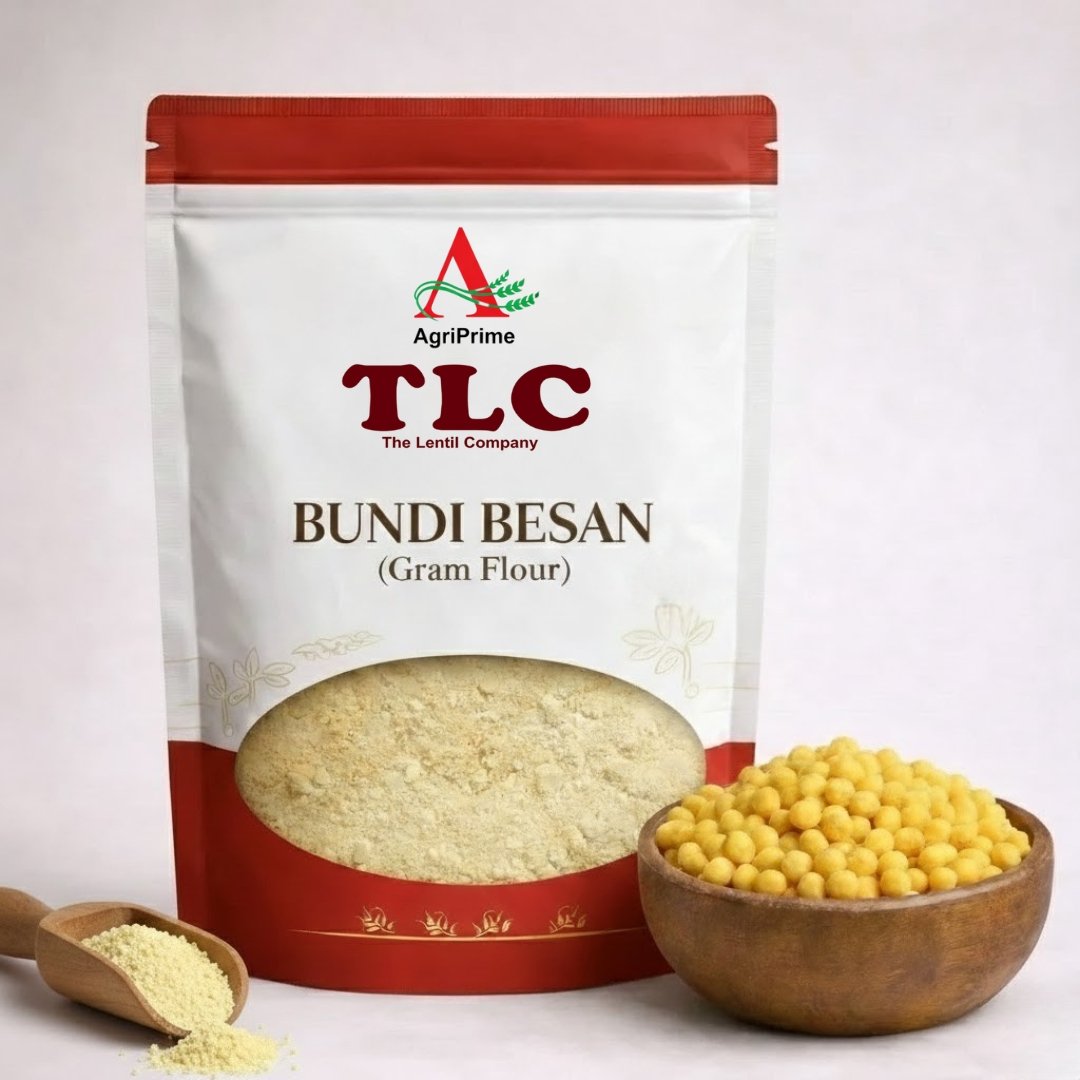 Package of AgriPrime TLC Bundi Besan (Gram Flour) next to a bowl of fresh bundi.