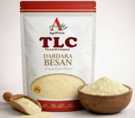 Package of AgriPrime TLC Dardara Besan (Coarse Gram Flour) with a bowl of grainy flour.