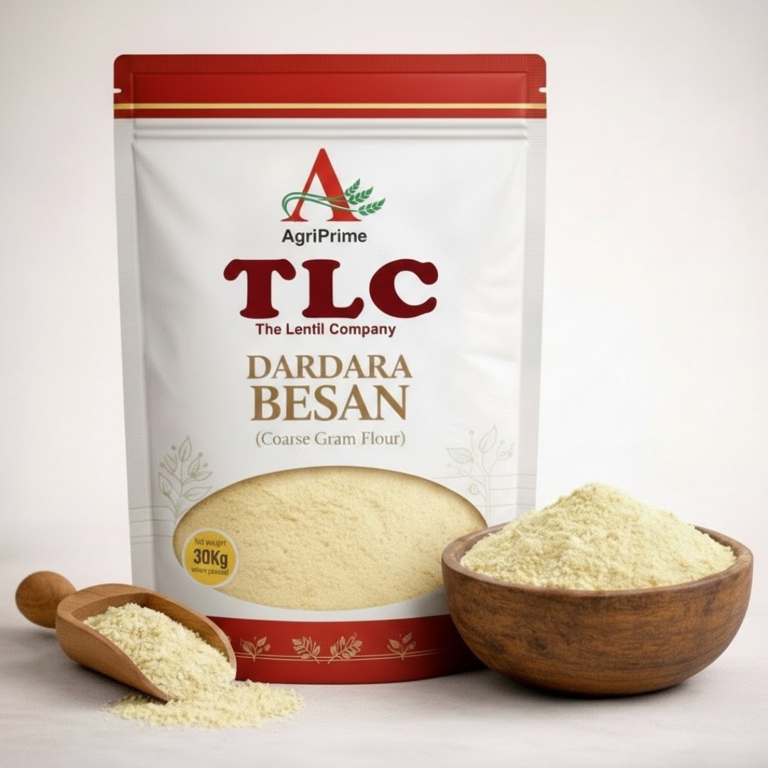 Package of AgriPrime TLC Dardara Besan (Coarse Gram Flour) with a bowl of grainy flour.
