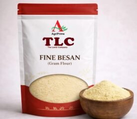 A pack of AgriPrime TLC Fine Besan (Gram Flour) with a bowl of finely sifted flour.