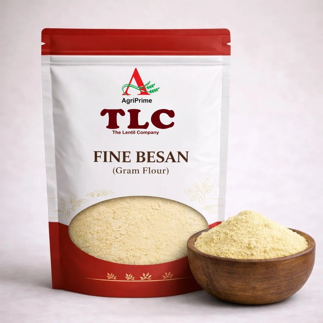A pack of AgriPrime TLC Fine Besan (Gram Flour) with a bowl of finely sifted flour.