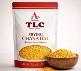 A pack of AgriPrime TLC Frying Chana Dal (Roasted Split Chickpeas) next to a bowl of golden roasted dal.