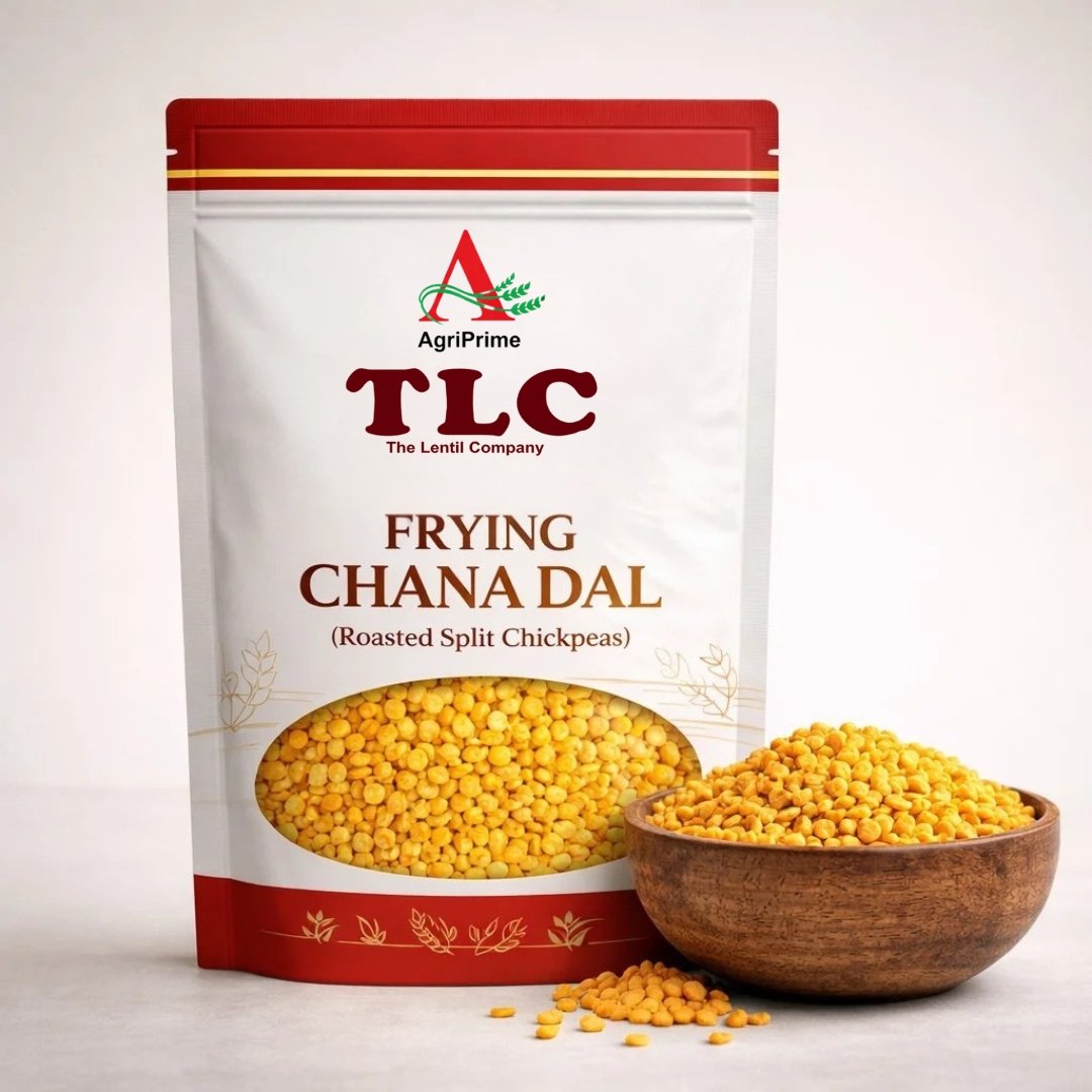 A pack of AgriPrime TLC Frying Chana Dal (Roasted Split Chickpeas) next to a bowl of golden roasted dal.