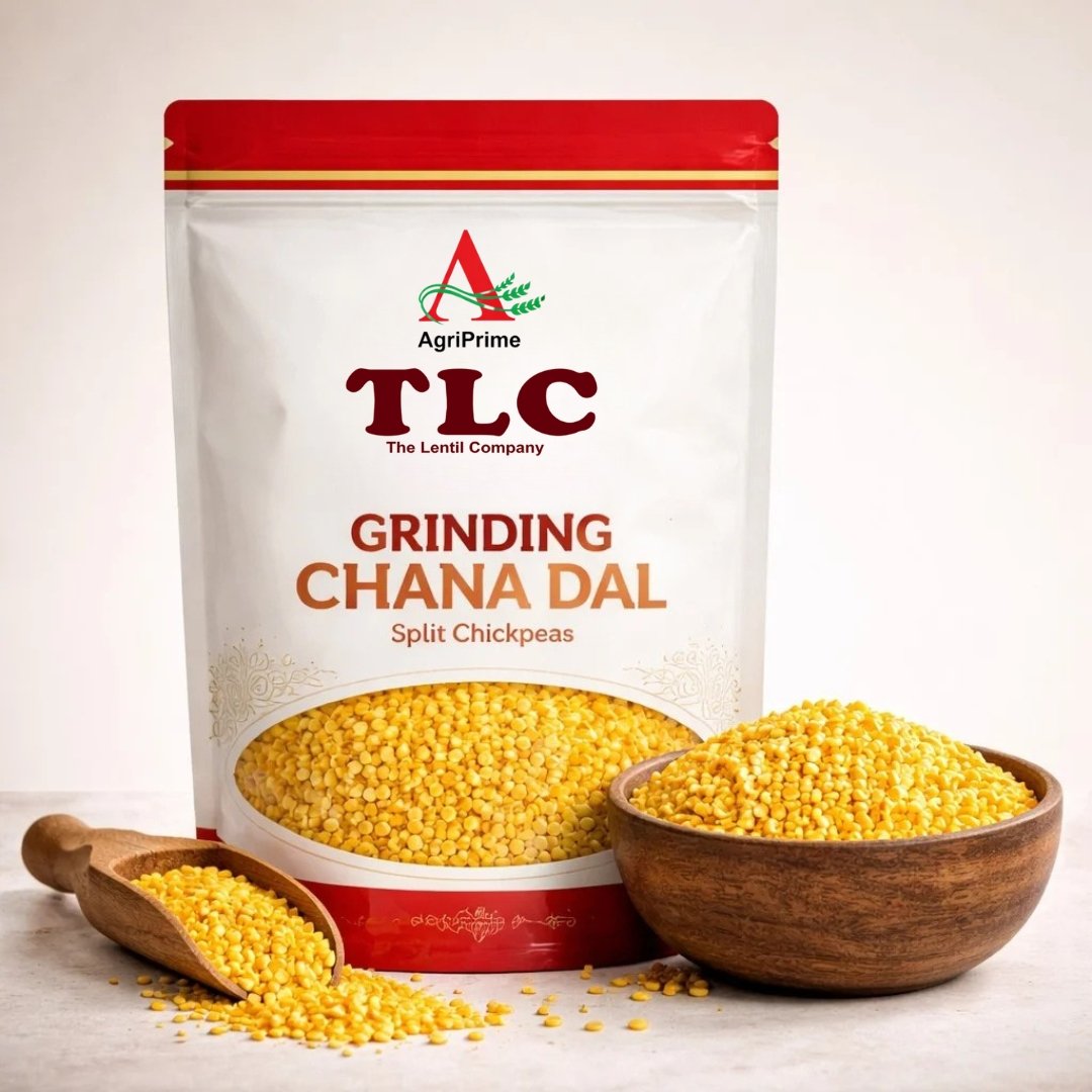 A pack of AgriPrime TLC Grinding Chana Dal (Split Chickpeas) with a bowl of golden dal.