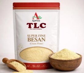 Package of AgriPrime TLC Super Fine Besan next to a bowl of ultra-smooth, sifted gram flour.