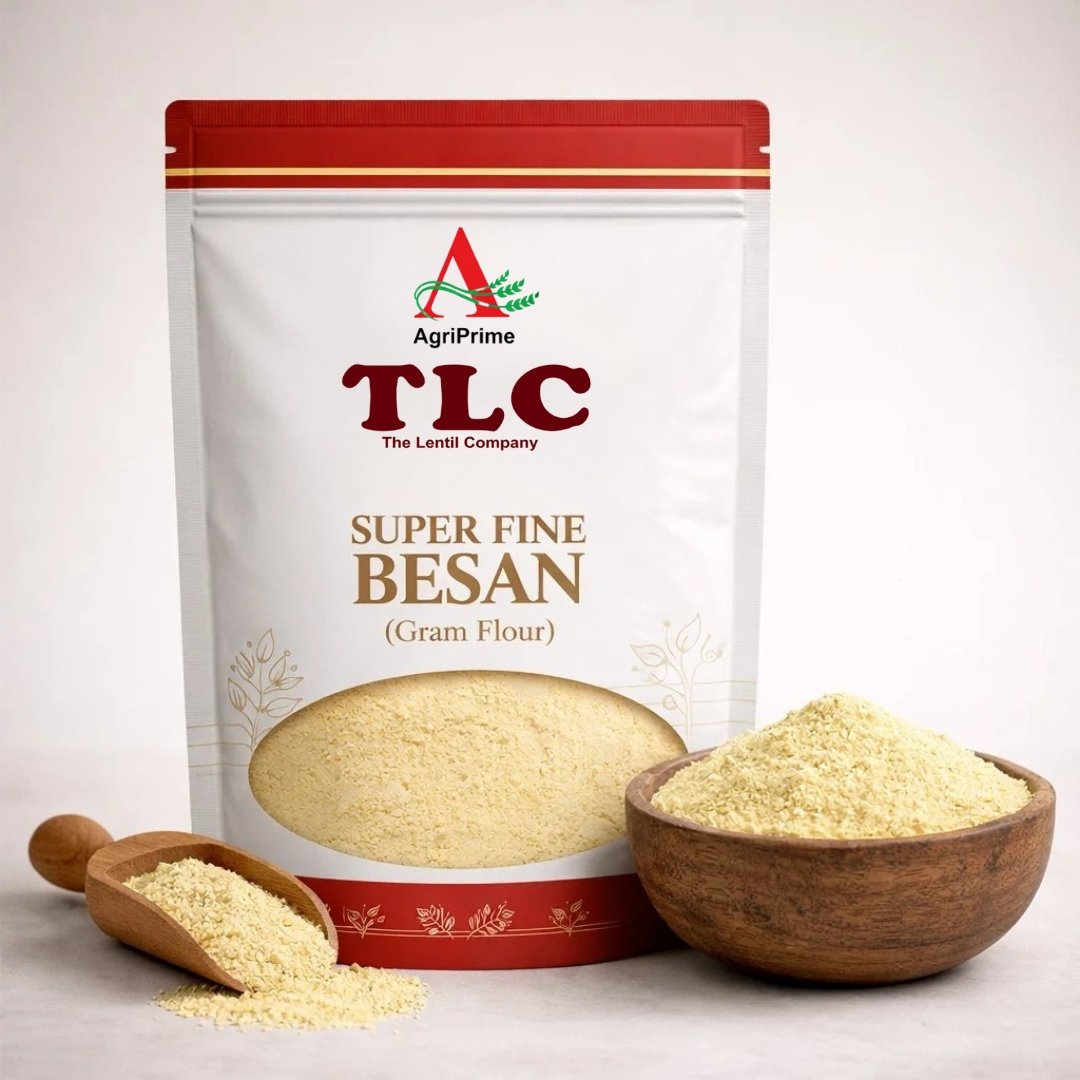 Package of AgriPrime TLC Super Fine Besan next to a bowl of ultra-smooth, sifted gram flour.